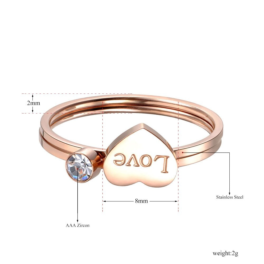 Anel de Noivado (Conjunto de Dois Anéis) com Coração Love (Amor) e Pedra única - em Aço - REF7018