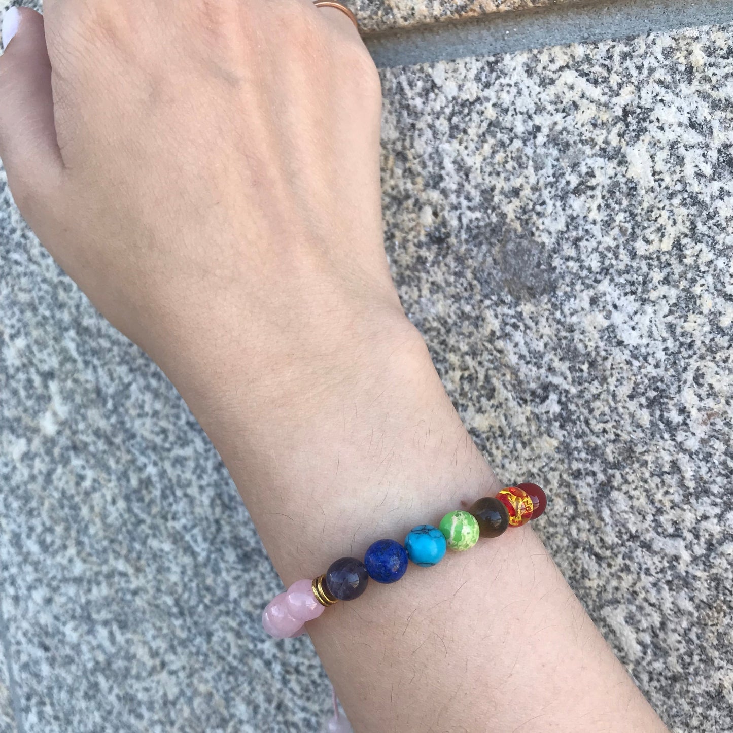 Pulseira 7 Chakras Ajustável Quartzo Rosa - REF1026
