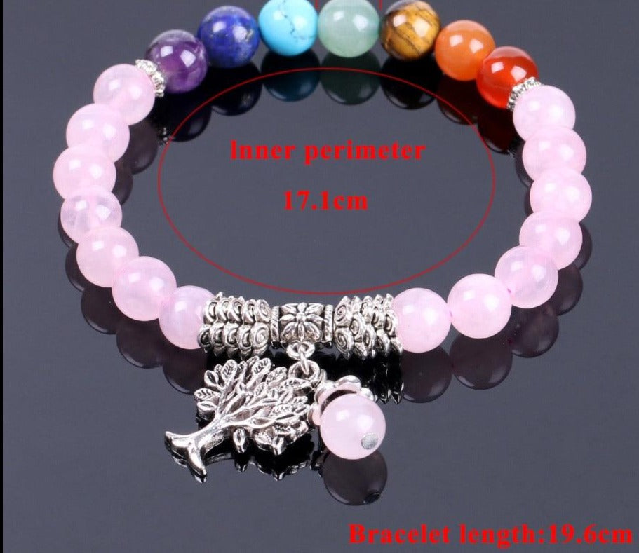 Pulseira 7 Chakras com Árvore da Vida - Pedras Naturais Quartzo Rosa - REF1027