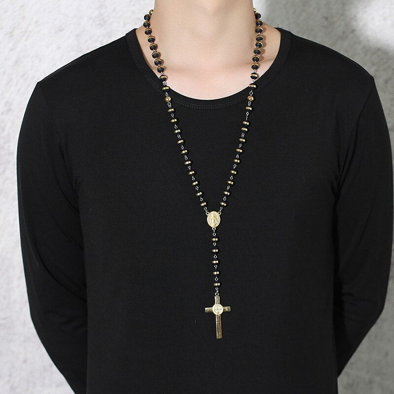 Colar Rosário - Terço Preto e Dourado com Cruz em Aço - REF1512 - PIME.pt