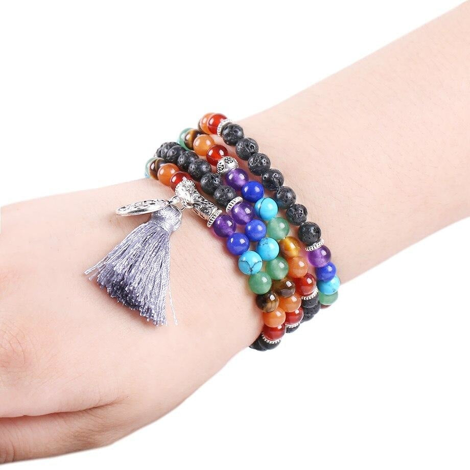 Japamala Pedras Vulcânicas e Pedras 7 Chakras com Tassel e Pendente Árvore da Vida - REF1042 - PIME.pt