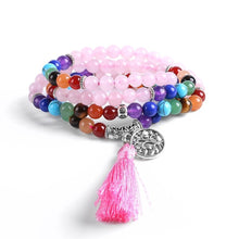 Carregar imagem no visualizador da galeria, Japamala Quartzo Rosa e Pedras 7 Chakras com Tassel Rosa e Pendente Raízes - REF1043 - PIME.pt