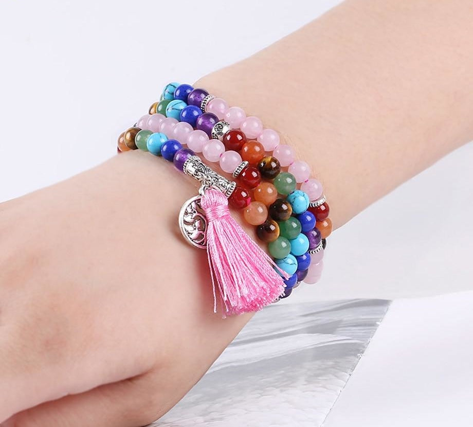 Japamala Quartzo Rosa e Pedras 7 Chakras com Tassel Rosa e Pendente Raízes - REF1043 - PIME.pt