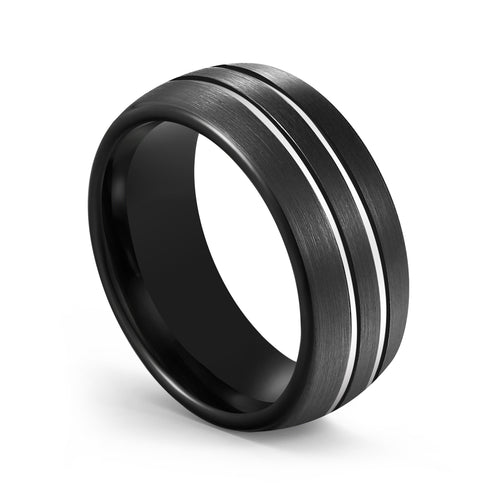 Aliança em Tungsténio Preta com Duas Linhas Prateadas, com 8mm de Largura - REF9027