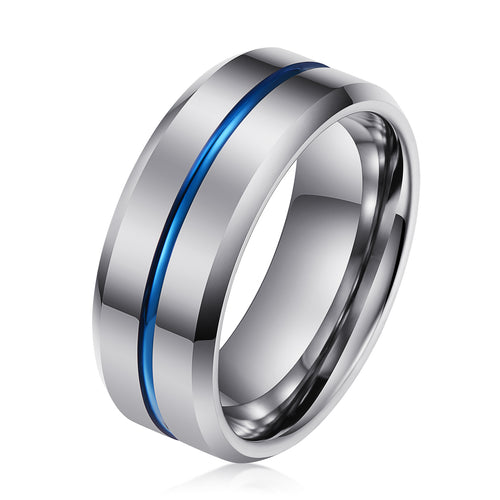 Aliança em Tungsténio Prateada com Linha Central Azul, com 8mm de Largura - REF9030