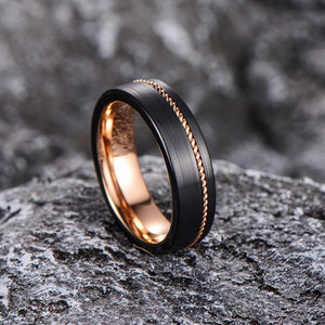 Aliança em Tungsténio Preta, com 6mm de Largura, com Fio Entrelaçado Dourado Rosa - REF9026