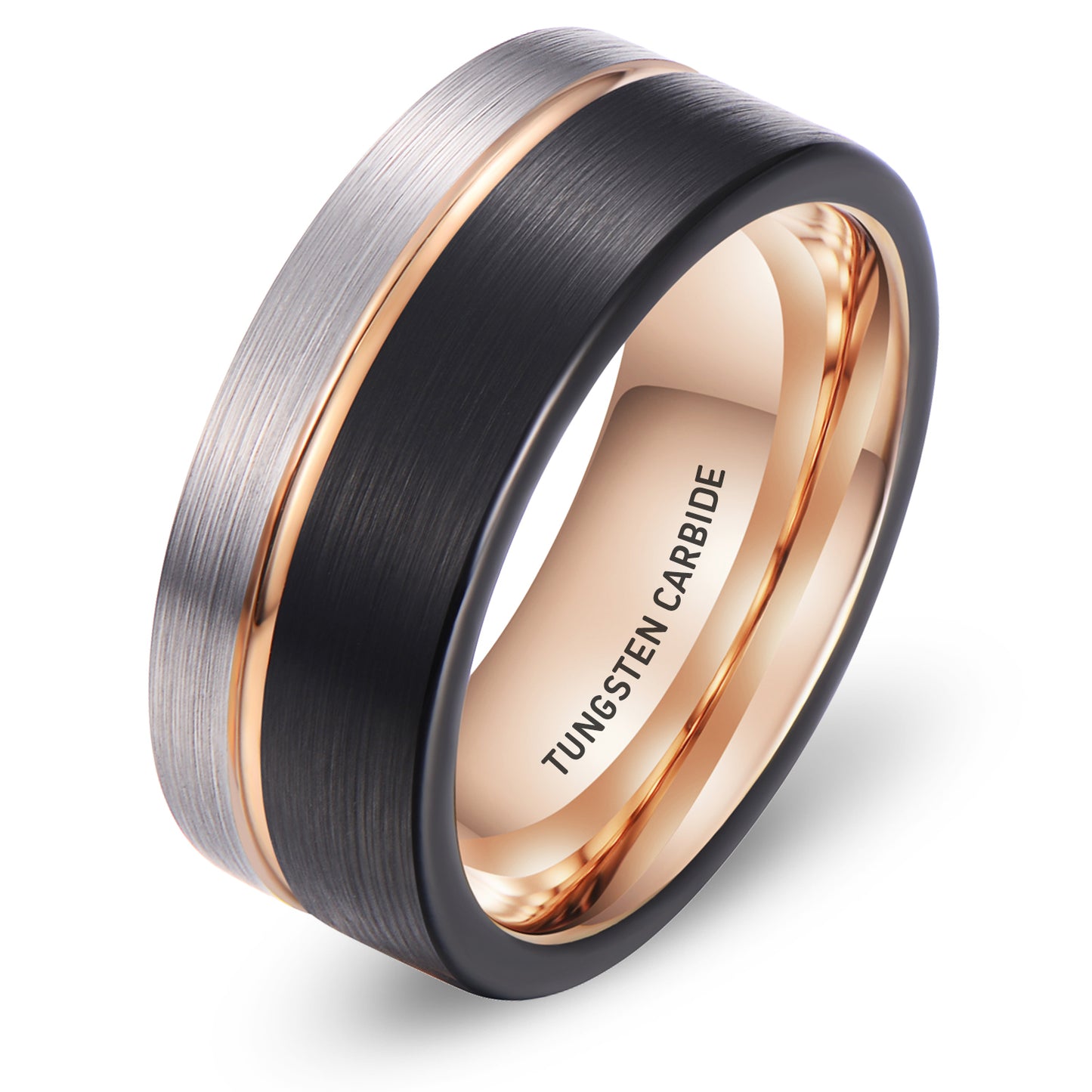 Aliança em Tungsténio Preta e Prateada com Linha Dourado Rosa, com 8mm de Largura - REF9028