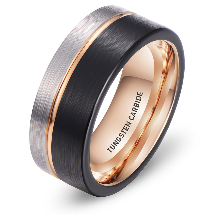 Aliança em Tungsténio Preta e Prateada com Linha Dourado Rosa, com 8mm de Largura - REF9028