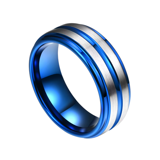 Aliança em Tungsténio Azul, 8mm, Faixas Prateadas Escovadas, com Bordas e Interior Azuis Polidos - REF9034