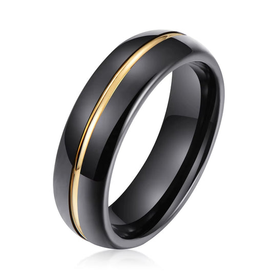 Aliança em Tungsténio Preta, 6mm, Brilhante com Filete Dourado Fino, Laterais e Interior Pretos Polidos - REF9037