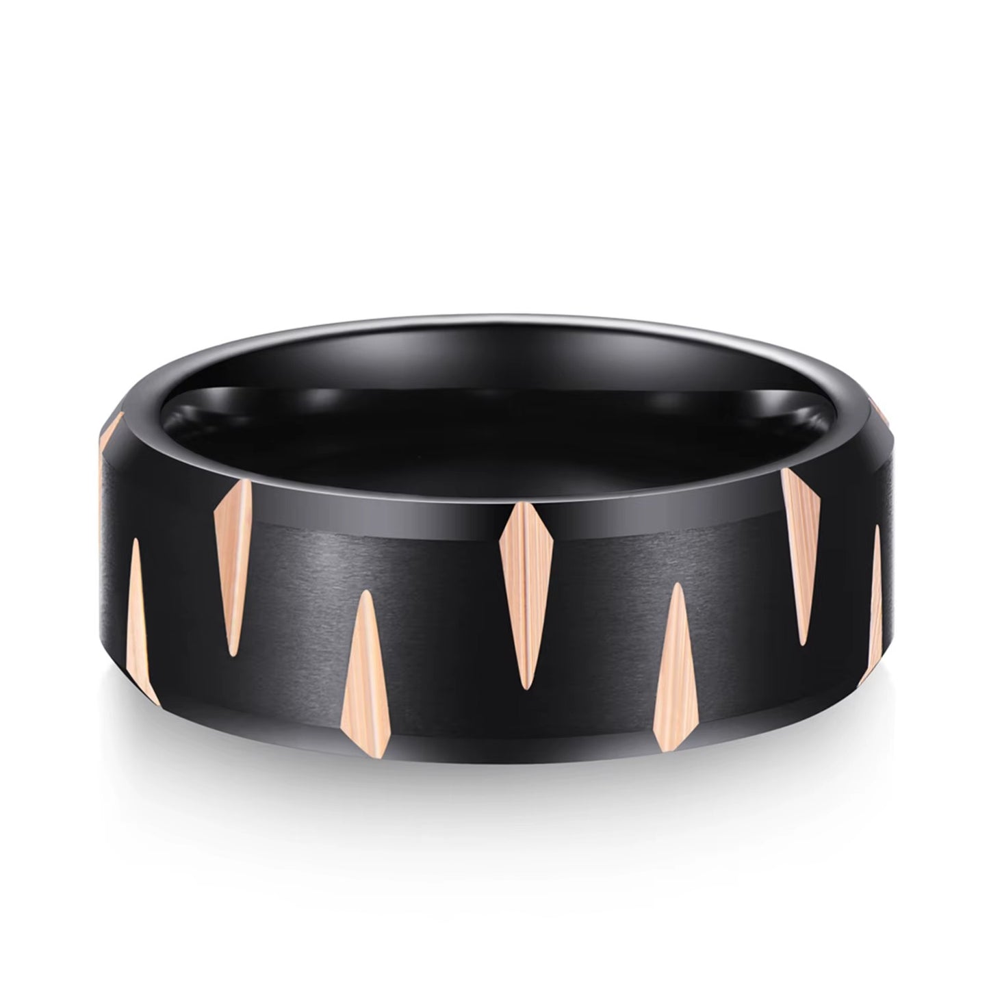 Aliança em Tungsténio Preta, 8mm de Largura, Centro Plano e Escovado, Inlays Triangulares Dourado Rosa, Laterais Arredondadas e Brilhantes, Interior Polido - REF9032