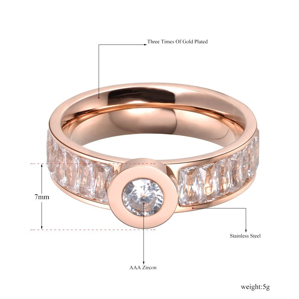 Anel de Noivado Dourado Rosa - 7mm - com Pedras Circundantes - REF7030