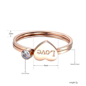 Anel de Noivado (Conjunto de Dois Anéis) com Coração Love (Amor) e Pedra única - em Aço - REF7018