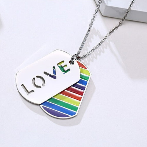 Colar LGBTQIA+ com Dupla Medalha Colorida LOVE - em Aço - REF2005
