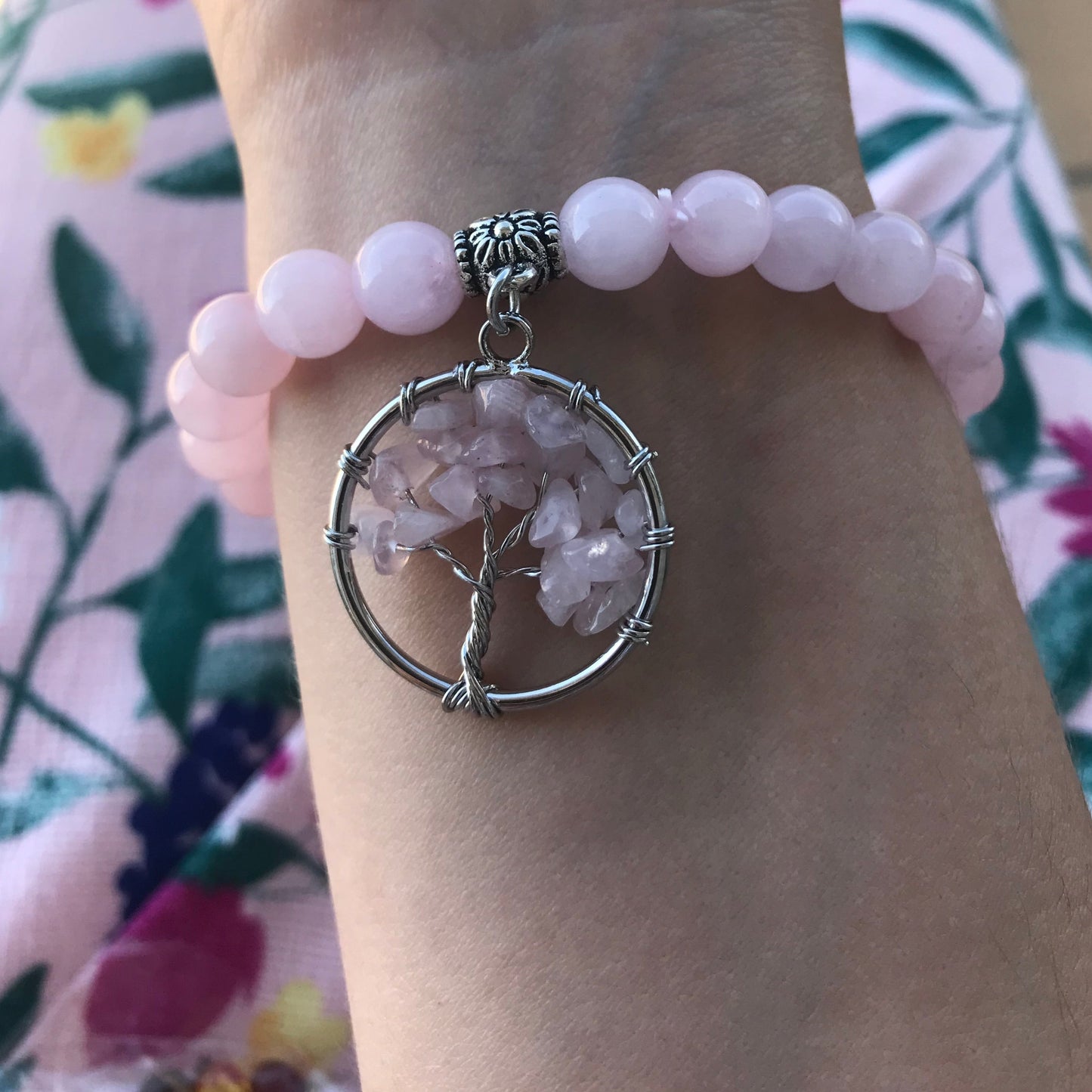 Pulseira 7 Chakras com Pedras Naturais Quartzo Rosa e Árvore da Vida - REF1032