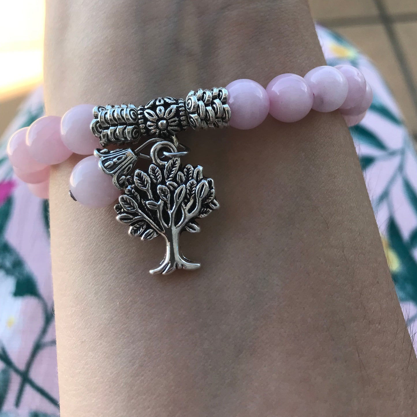 Pulseira 7 Chakras com Árvore da Vida - Pedras Naturais Quartzo Rosa - REF1027
