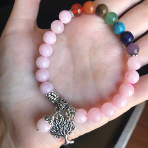 Pulseira 7 Chakras com Árvore da Vida - Pedras Naturais Quartzo Rosa - REF1027
