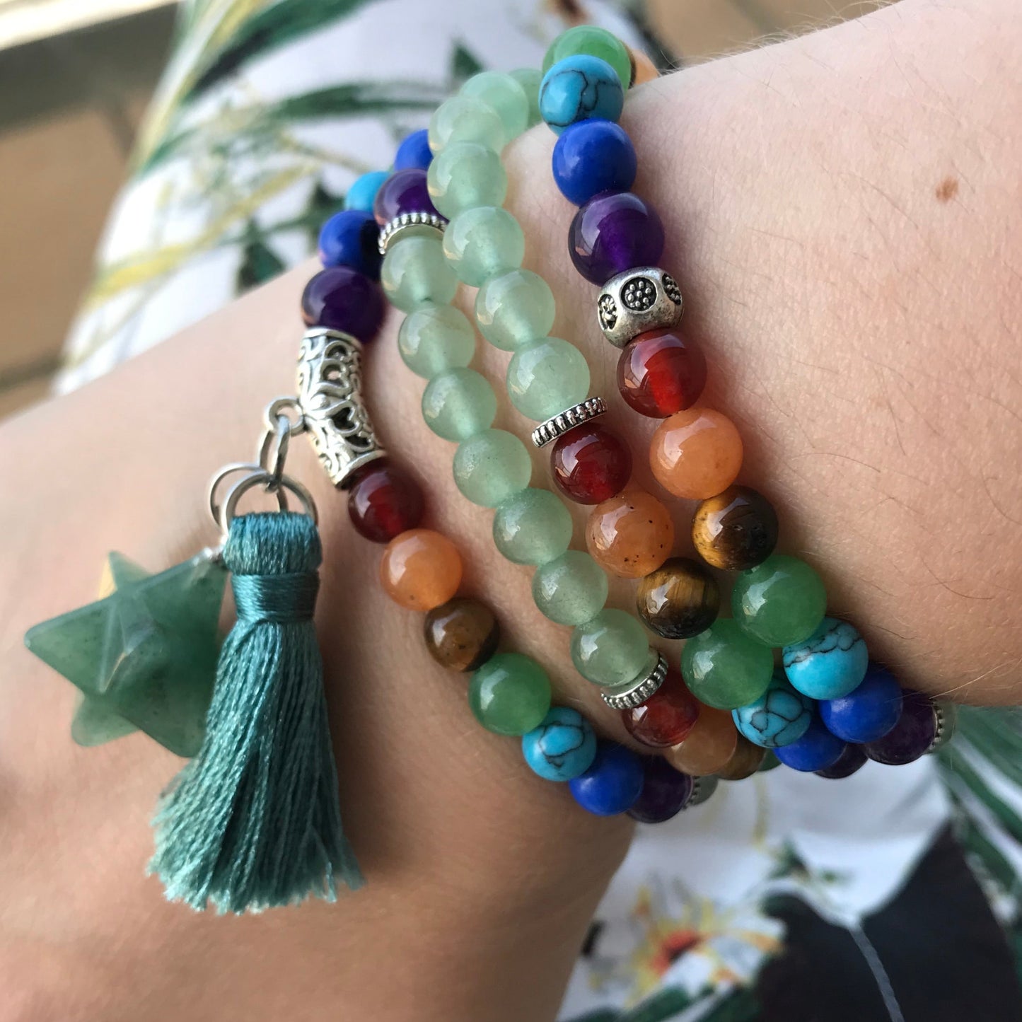 Japamala Aventurina - Simbolo da Purificação e Rejuvenescimento - 7 Chakras com Tassel e Estrela - REF1036