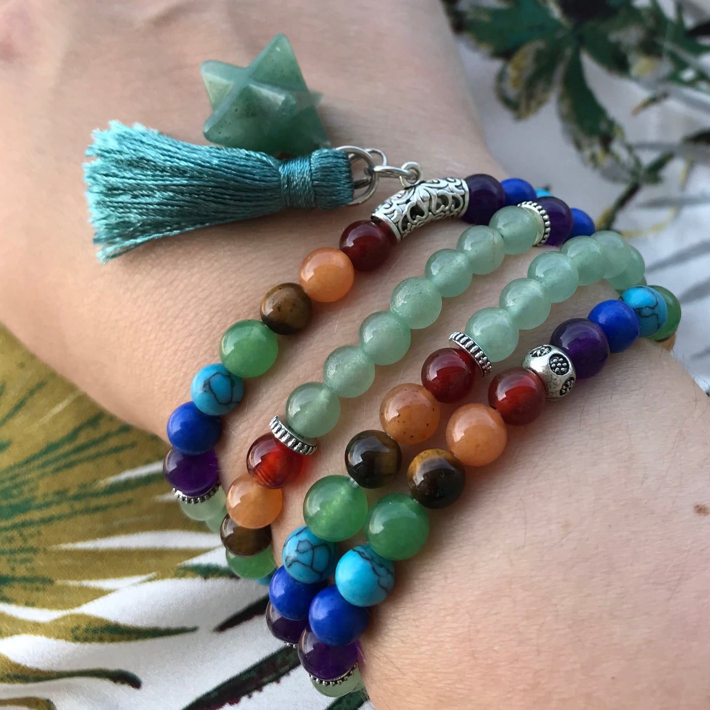 Japamala Aventurina - Simbolo da Purificação e Rejuvenescimento - 7 Chakras com Tassel e Estrela - REF1036