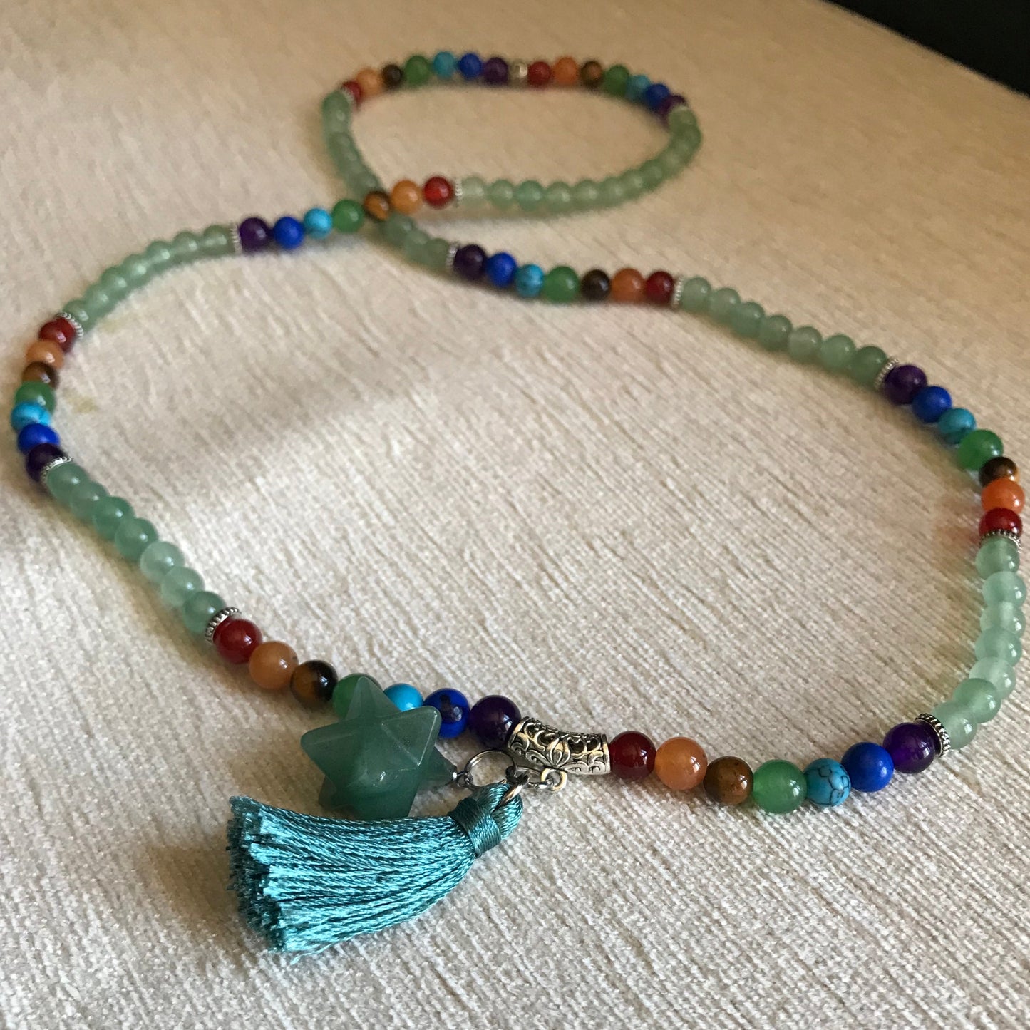 Japamala Aventurina - Simbolo da Purificação e Rejuvenescimento - 7 Chakras com Tassel e Estrela - REF1036