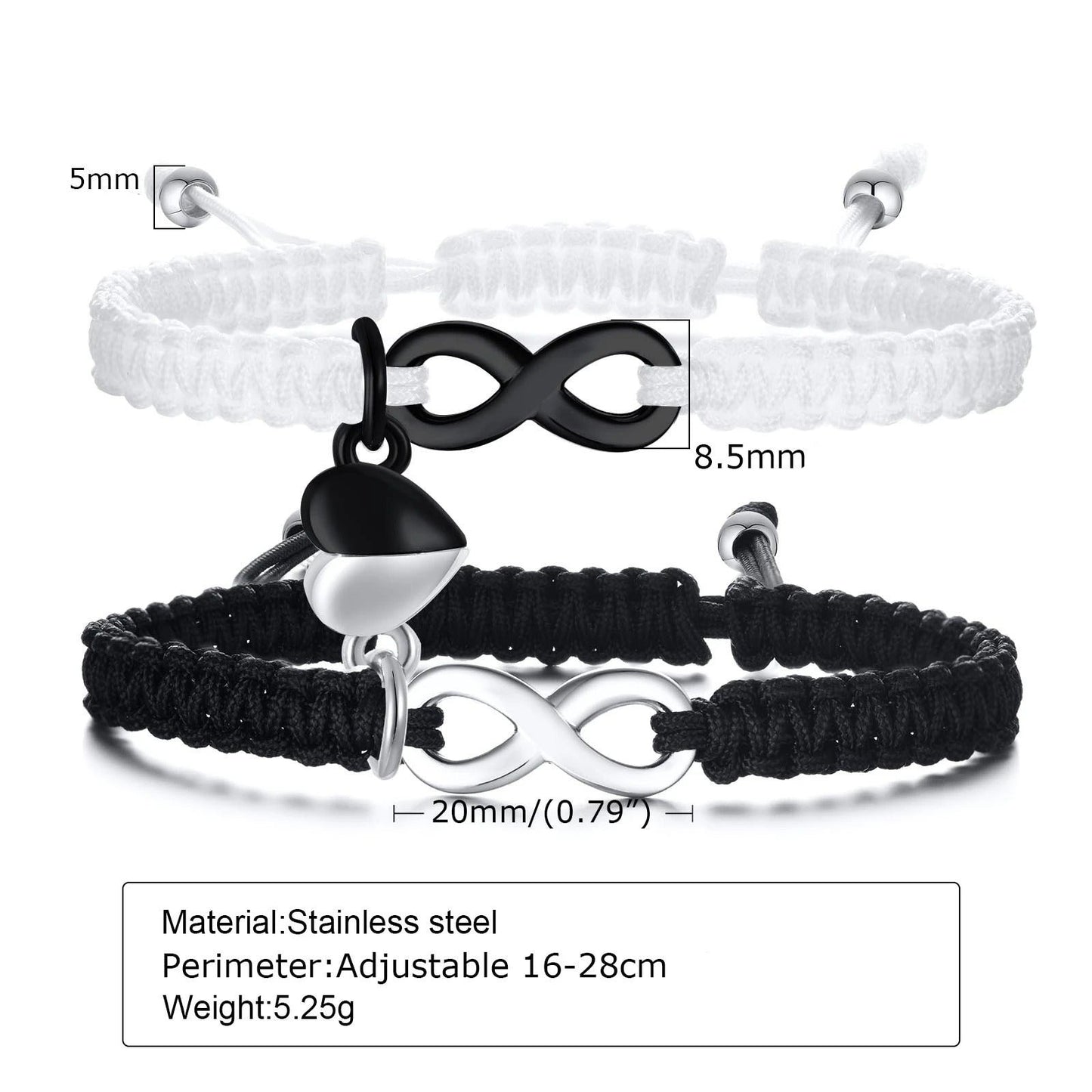 Conjunto de Duas Pulseiras para Namorados Ajustáveis - Infinito com Coração Íman - REF6715