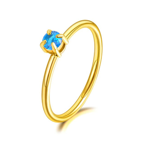 Anel de Noivado Solitário Dourado com Pedra Central Azul - em Aço - REF7035