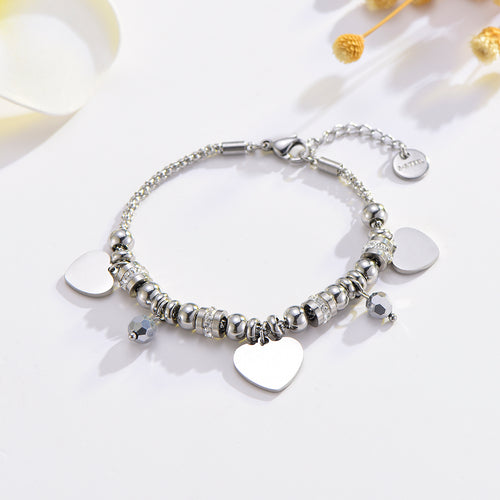 Pulseira com Contas, Cristais e Corações em Aço - REF1358 - PIME.pt
