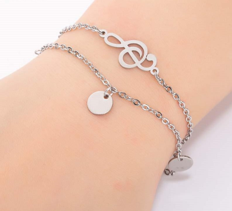 Pulseira com Duplo Fio - Música Clave de Sol e Medalhas - em Aço - REF1369 - PIME.pt