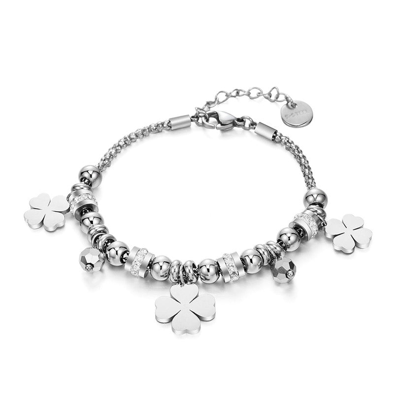 Pulseira com Contas, Cristais e Pendentes Trevo da Sorte em Aço - REF1359 - PIME.pt