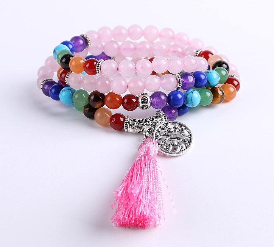 Japamala Quartzo Rosa e Pedras 7 Chakras com Tassel Rosa e Pendente Raízes - REF1043 - PIME.pt