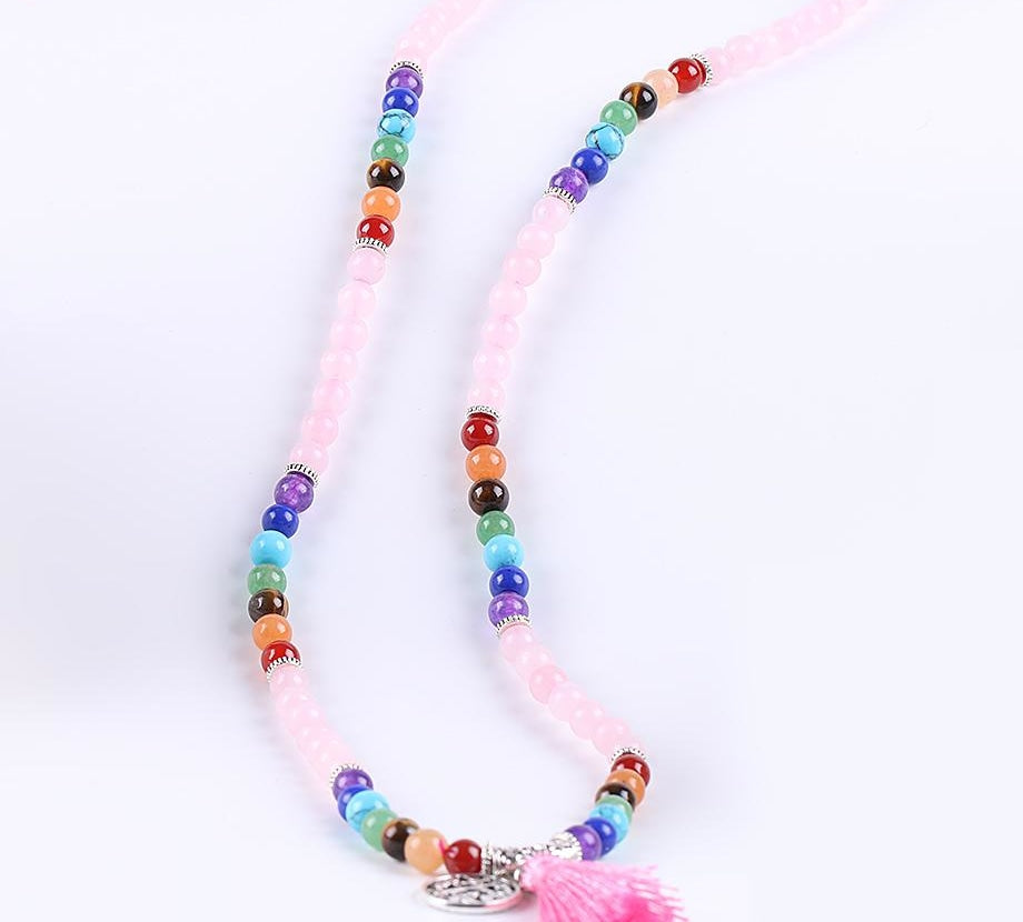 Japamala Quartzo Rosa e Pedras 7 Chakras com Tassel Rosa e Pendente Raízes - REF1043 - PIME.pt
