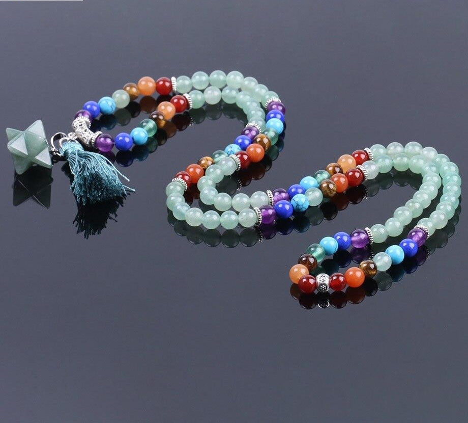 Japamala Aventurina - Simbolo da Purificação e Rejuvenescimento - 7 Chakras com Tassel e Estrela - REF1036 - PIME.pt