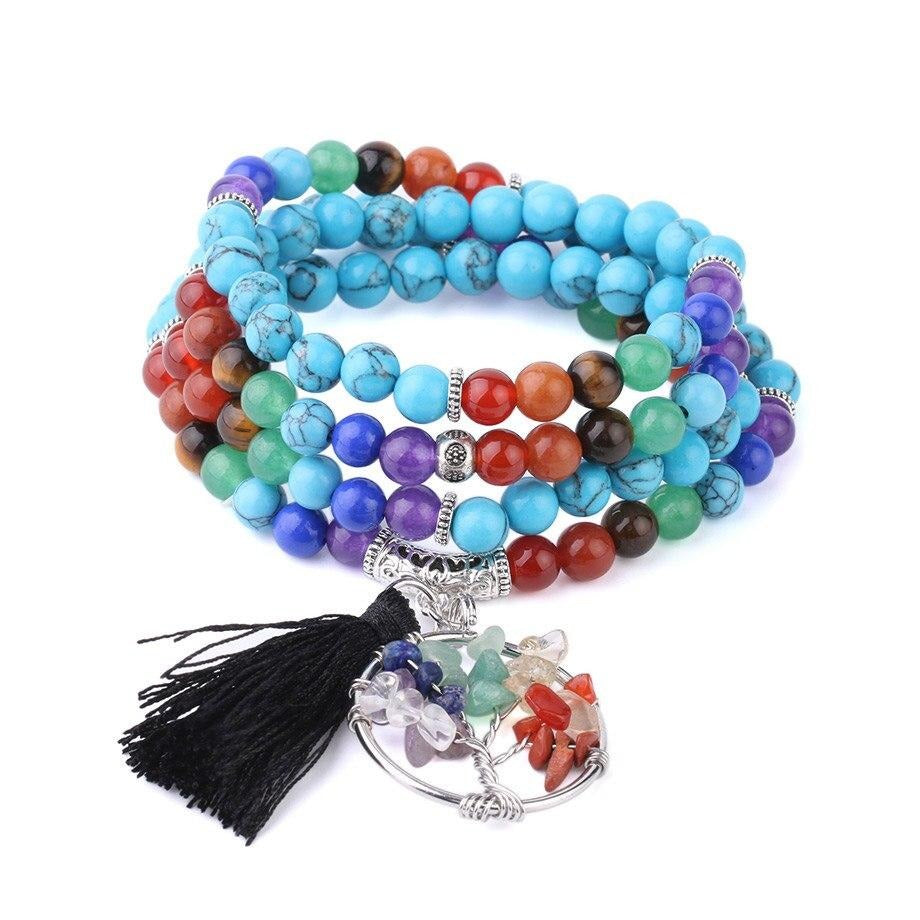 Japamala 7 Chakras com Pedras Naturais Howlita Azul e Árvore da Vida com Tassel - REF1005