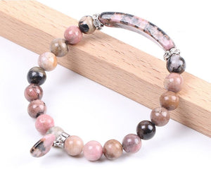 Pulseira com Pedras Naturais Rodonite - Símbolo do Equilíbrio Emocional - com Coração - REF1052 - PIME.pt