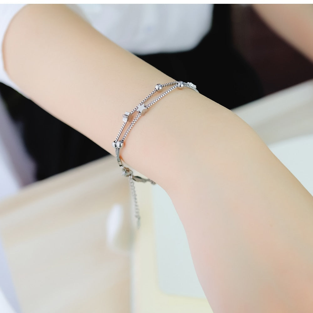 Pulseira Fio Duplo com Estrelas e Bolas em Aço - REF1119 - PIME.pt