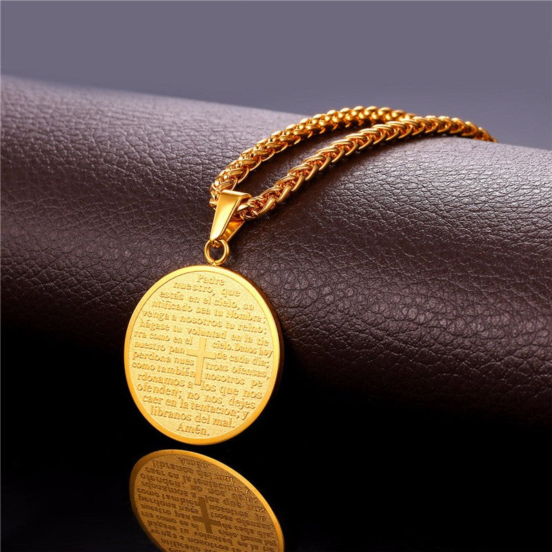 Colar Medalha com Pai Nosso - Cruz Cristã - em Aço - REF1130 - PIME.pt