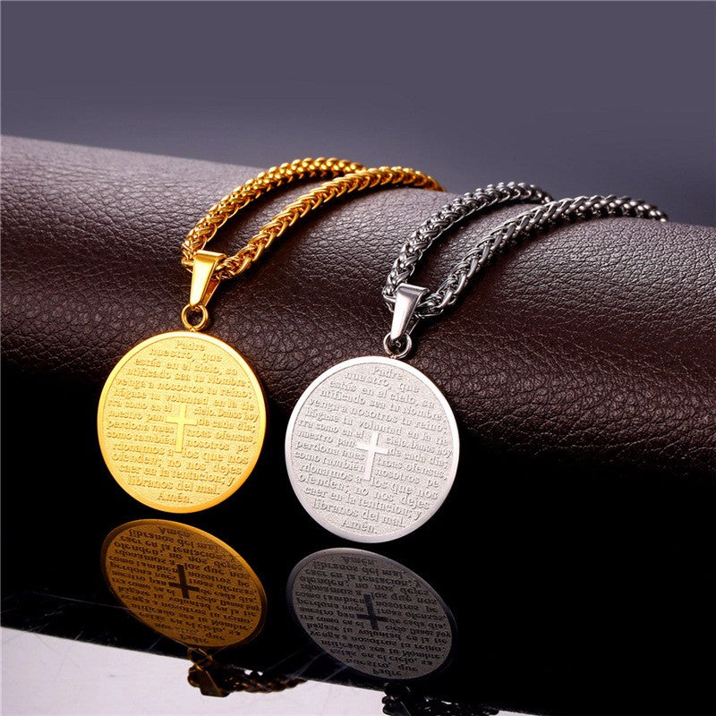 Colar Medalha com Pai Nosso - Cruz Cristã - em Aço - REF1130 - PIME.pt