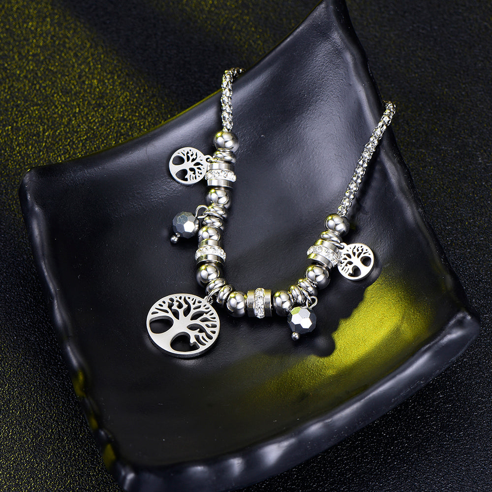 Pulseira com Contas, Cristais e Pendentes Árvore da Vida em Aço - REF1357 - PIME.pt