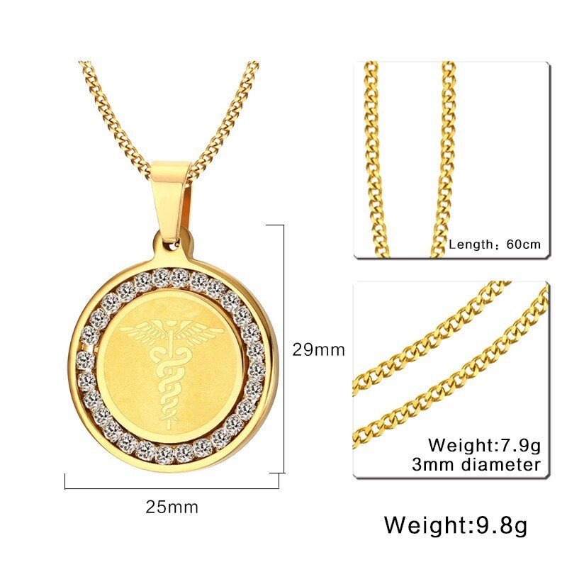 Colar Medalha Bastão de Asclépio com Brilhantes Circundantes em Aço - REF1545 - PIME.pt