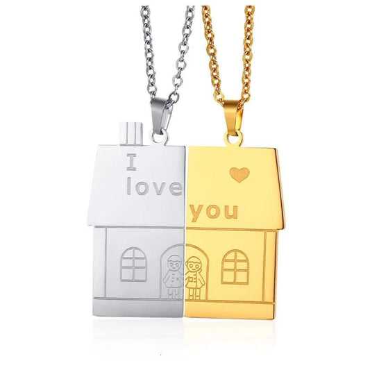 2 Colares para Namorados ou Casais - Casa Dourada e Prateada - com Coração I Love You em Aço - REF1079 - PIME.pt