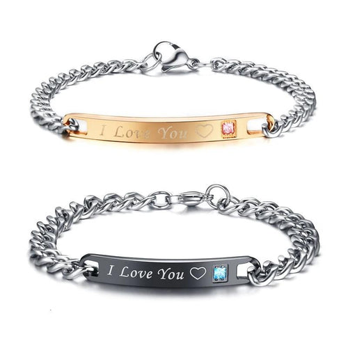 Pulseira para Namorados ou Casais - I Love You com Coração e Pedra - em Aço - REF1067 - PIME.pt