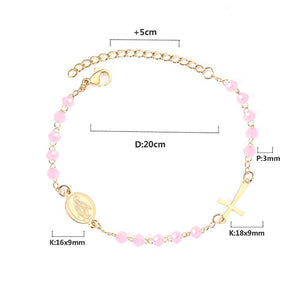 Pulseira Cristais Rosa com Medalha e Cruz em Aço - REF1505 - PIME.pt