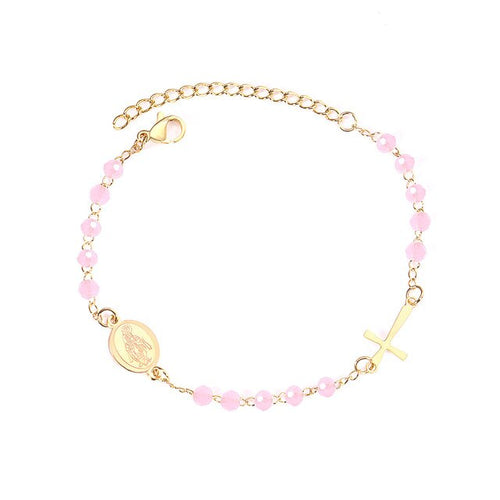 Pulseira Cristais Rosa com Medalha e Cruz em Aço - REF1505 - PIME.pt