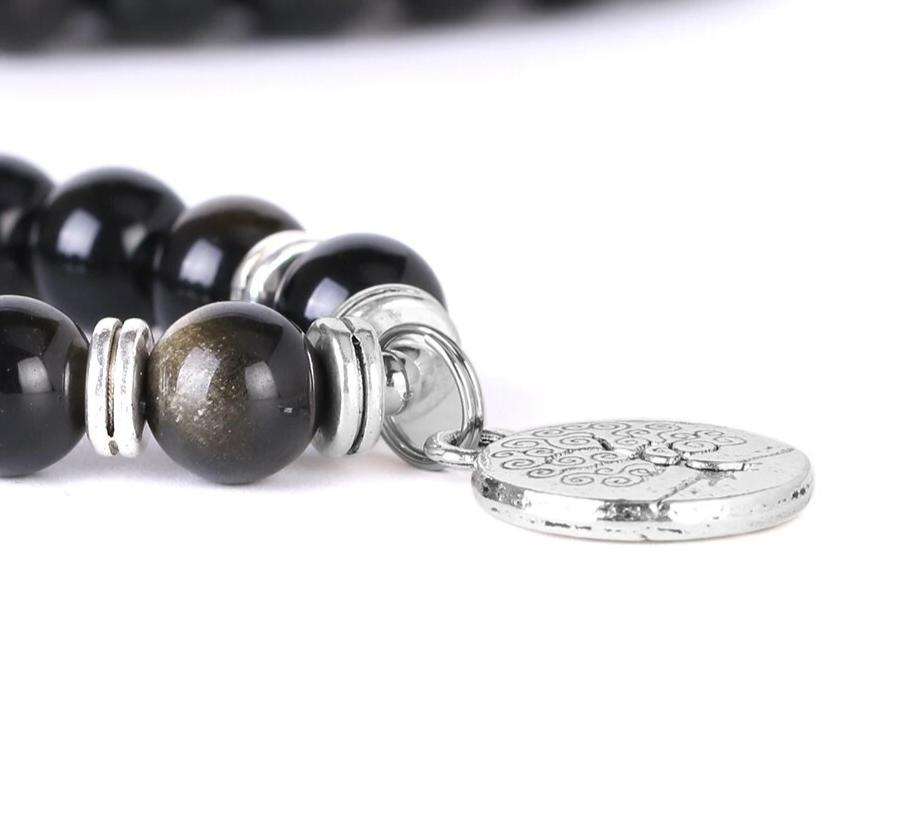 Japamala com Pedras Naturais Obsidiana e Pendente Árvore da Vida - REF1140 - PIME.pt