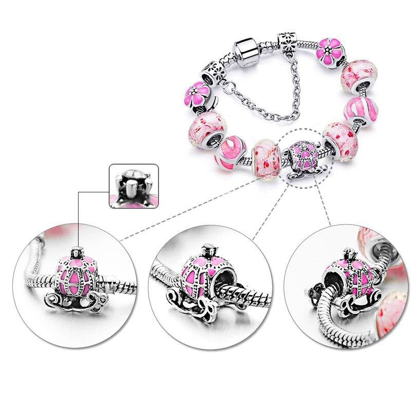 Pulseira de Contas/Charms Tons de Rosa com Flores e Coche com Cristais - REF1148 - PIME.pt