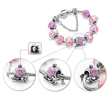 Carregar imagem no visualizador da galeria, Pulseira de Contas/Charms Tons de Rosa com Flores e Coche com Cristais - REF1148 - PIME.pt