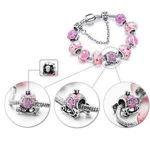 Pulseira de Contas/Charms Tons de Rosa com Flores e Coche com Cristais - REF1148 - PIME.pt