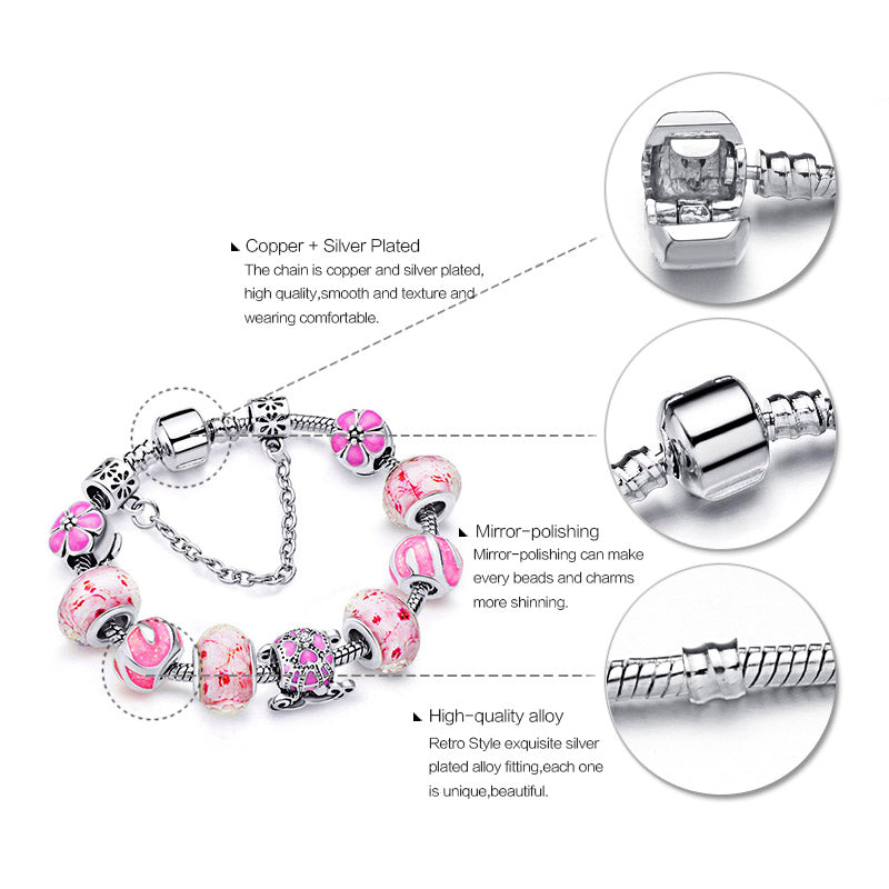 Pulseira de Contas/Charms Tons de Rosa com Flores e Coche com Cristais - REF1148 - PIME.pt