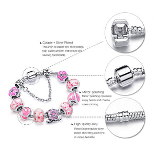 Pulseira de Contas/Charms Tons de Rosa com Flores e Coche com Cristais - REF1148 - PIME.pt
