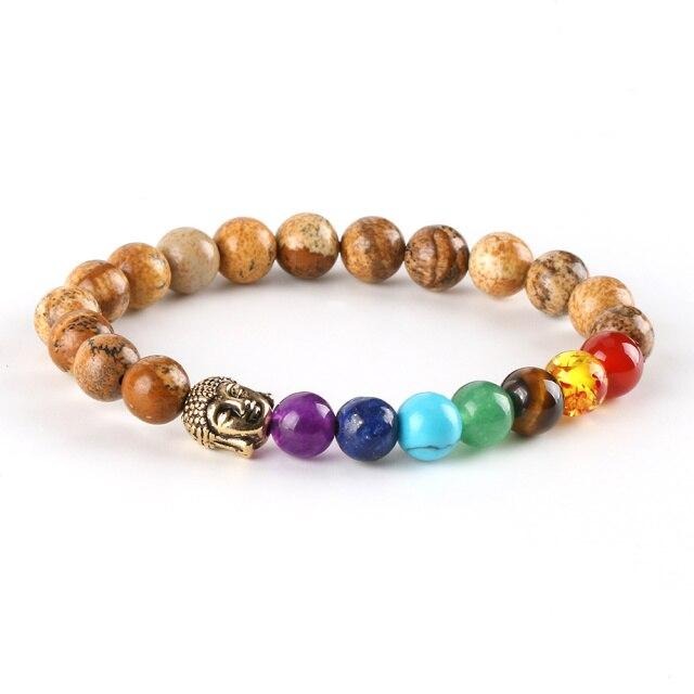 Pulseira 7 Chakras Pedras Naturais Jaspe Dálmata - com Buda - REF1014